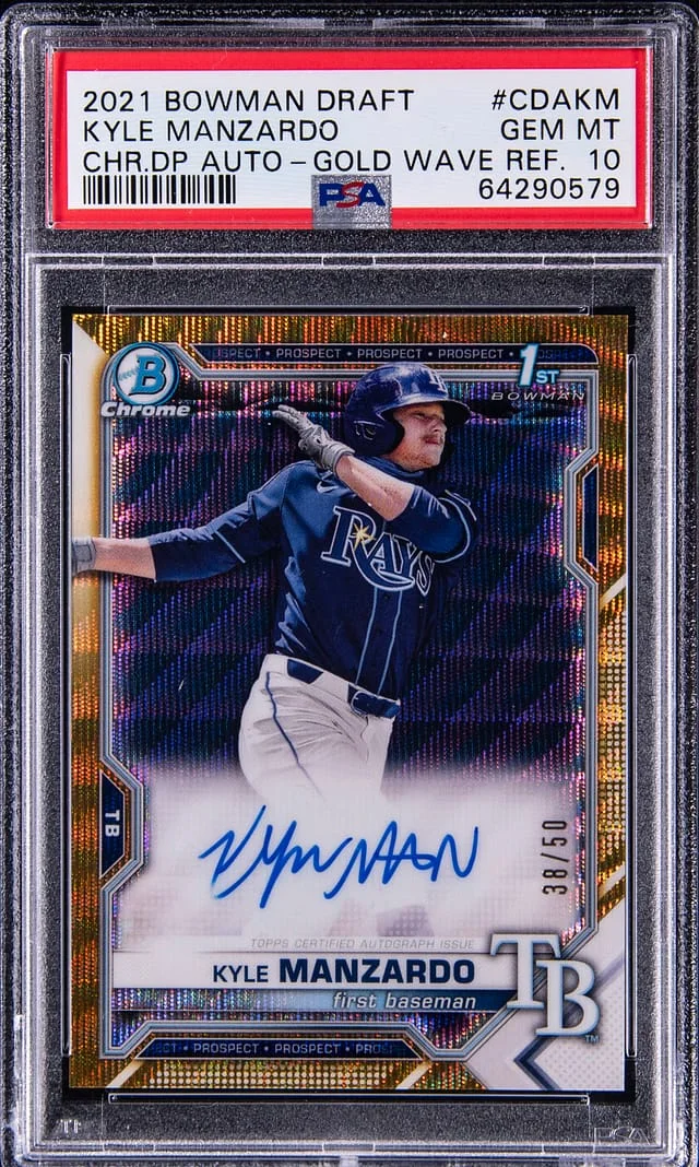 2021 Bowman Draft Kyle Manzardo Chrome Draftpicks Autograph Gold Wave Refractor #CDA-KM card image