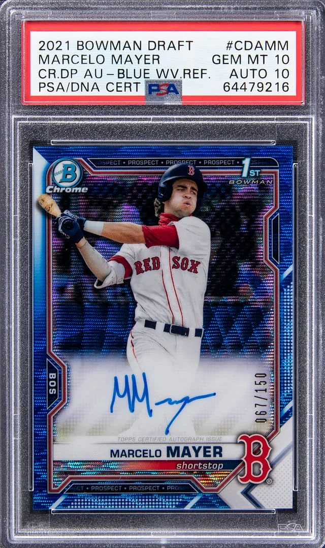 2021 Bowman Draft Marcelo Mayer Chrome Draft Pick Autographs Blue Wave Refractor #CDA-MM card image