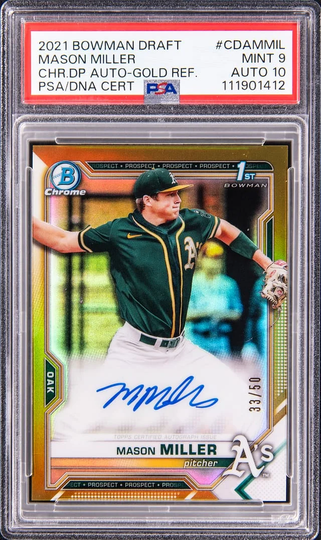 2021 Bowman Draft Mason Miller Chrome Draft Picks Autograph Gold Refractor #CDA-MMIL card image