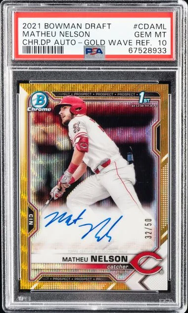 2021 Bowman Draft Matheu Nelson Chrome Draft Pick Autographs Gold Wave Refractor #CDA-ML card image