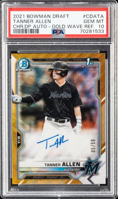 2021 Bowman Draft Tanner Allen Chrome Draft Pick Autographs Gold Wave Refractor #CDATA card image