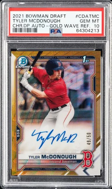 2021 Bowman Draft Tyler McDonough Chrome Draft Pick Autographs Gold Wave Refractor #CDATMC card image