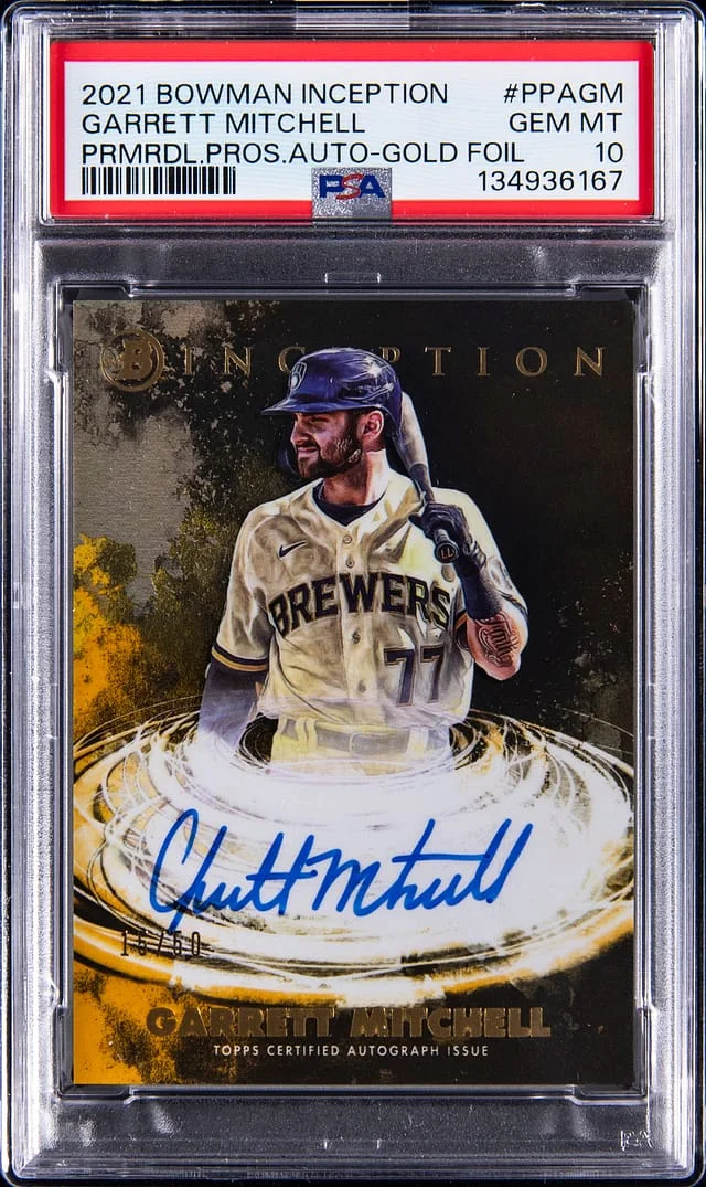 2021 Bowman Garrett Mitchell Inception Primordial Prospect Autograph Gold Foil #PPA-GM card image