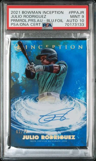 2021 Bowman Julio Rodriguez Inception Primordial Prospects Autographs Blue Foil #PPAJR card image