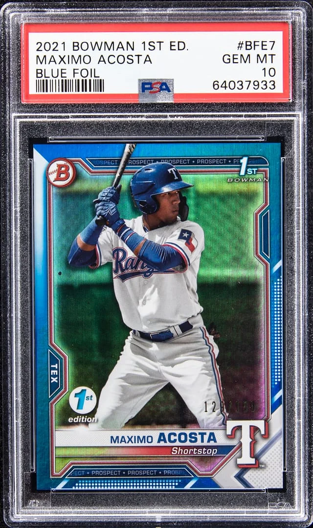 2021 Bowman Maximo Acosta 1st Edition Blue Foil #BFE-7 card image