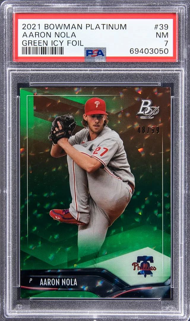 2021 Bowman Platinum Aaron Nola Green Icy Foil #39 card image