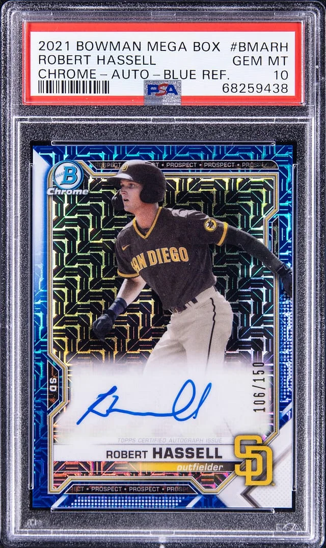 2021 Bowman Robert Hassell Mega Box Chrome Autographs Blue Refractor #BMARH card image