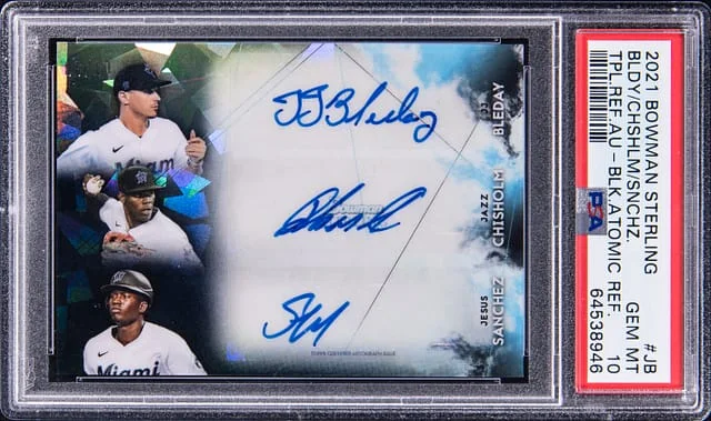 2021 Bowman Sterling J.J. Bleday/Jazz Chisholm/Jesus Sanchez Multi-Signed Triple Autograph Black Atomic Refractor #STRA-JB card image