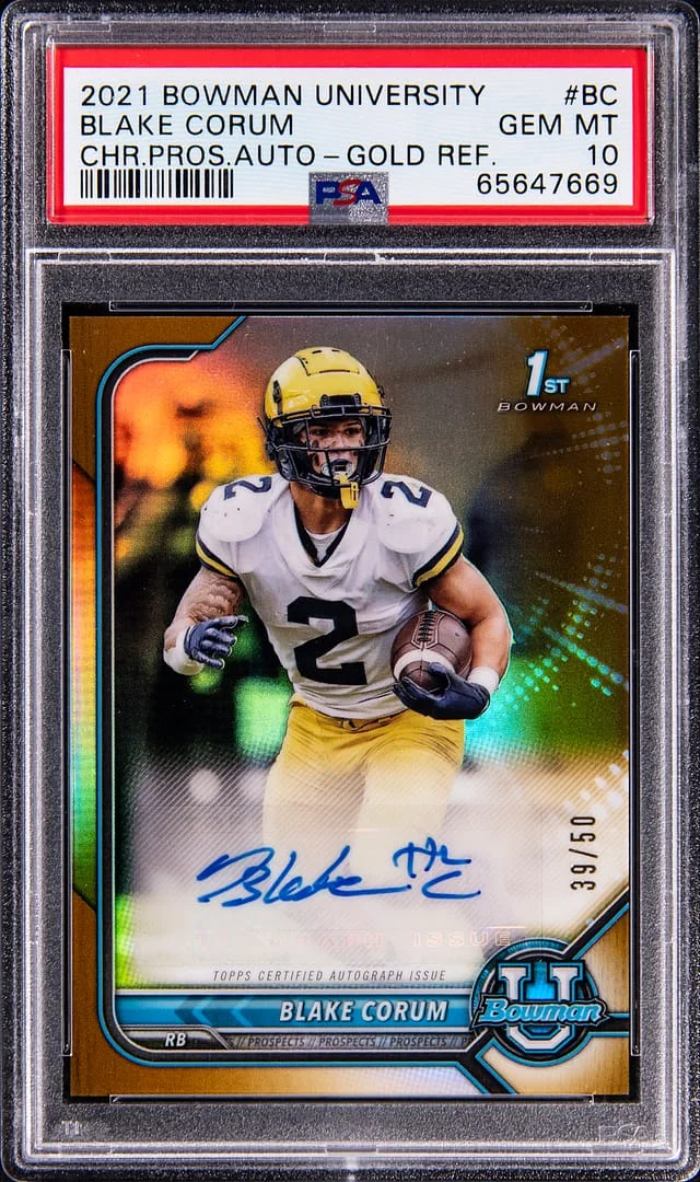 2021 Bowman University Chrome Blake Corum Prospect Autograph Gold Refractor #BCPA-BC card image