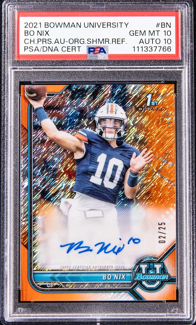 2021 Bowman University Chrome Bo Nix Prospect Autographs Orange Shimmer Refractor #BCPA-BN card image