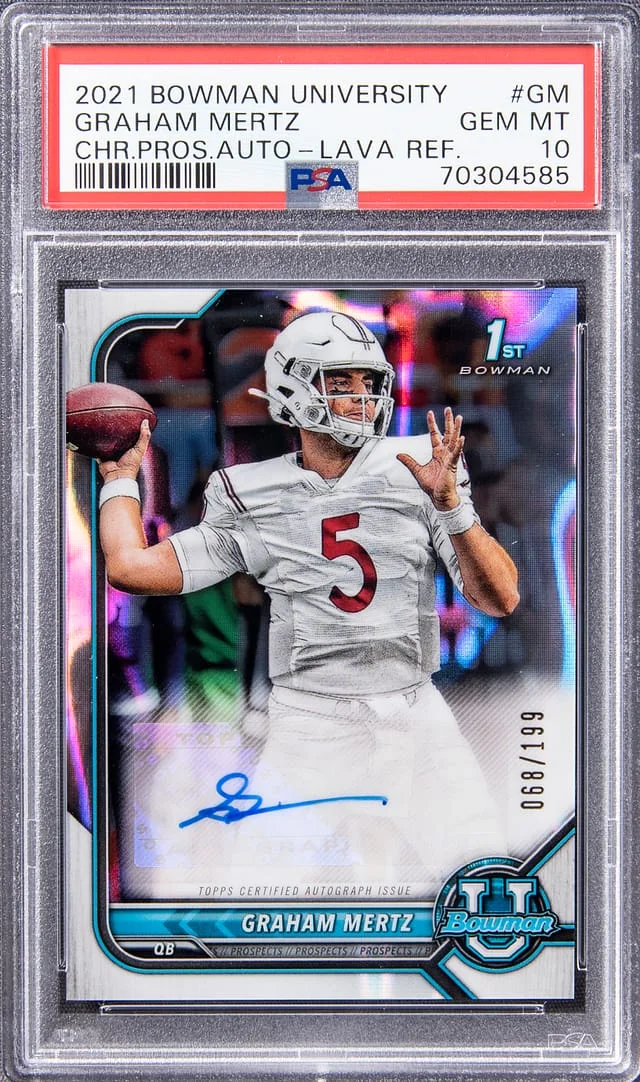2021 Bowman University Chrome Graham Mertz Prospect Autograph Lava Refractor #BCPA-GM card image