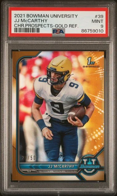 2021 Bowman University Chrome JJ McCarthy Prospects Gold Refractor #39 card image