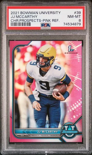 2021 Bowman University Chrome JJ McCarthy Rooikie Prospects Pink Refractor #39 card image