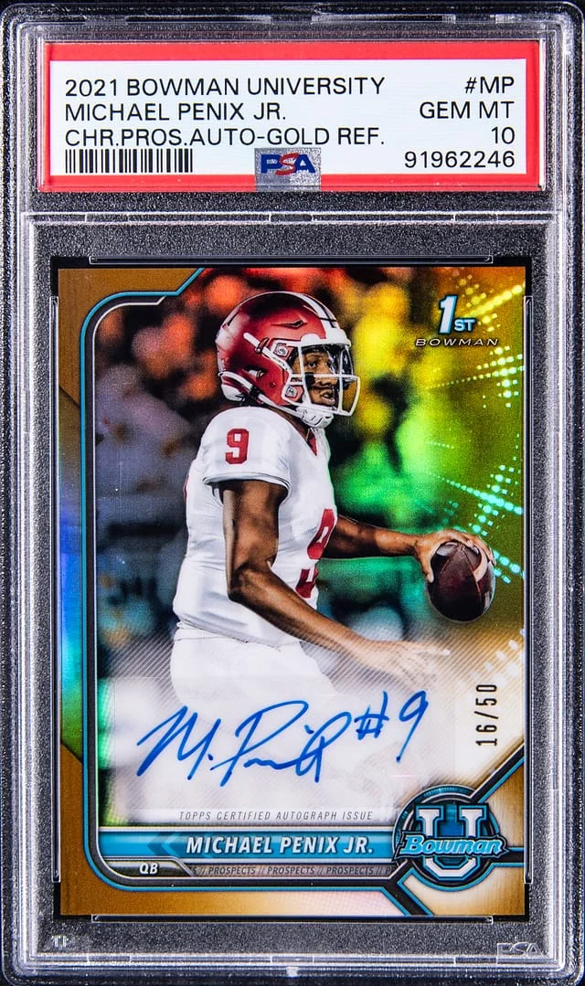 2021 Bowman University Chrome Michael Penix Jr. Prospect Autographs Gold Refractor #MP card image