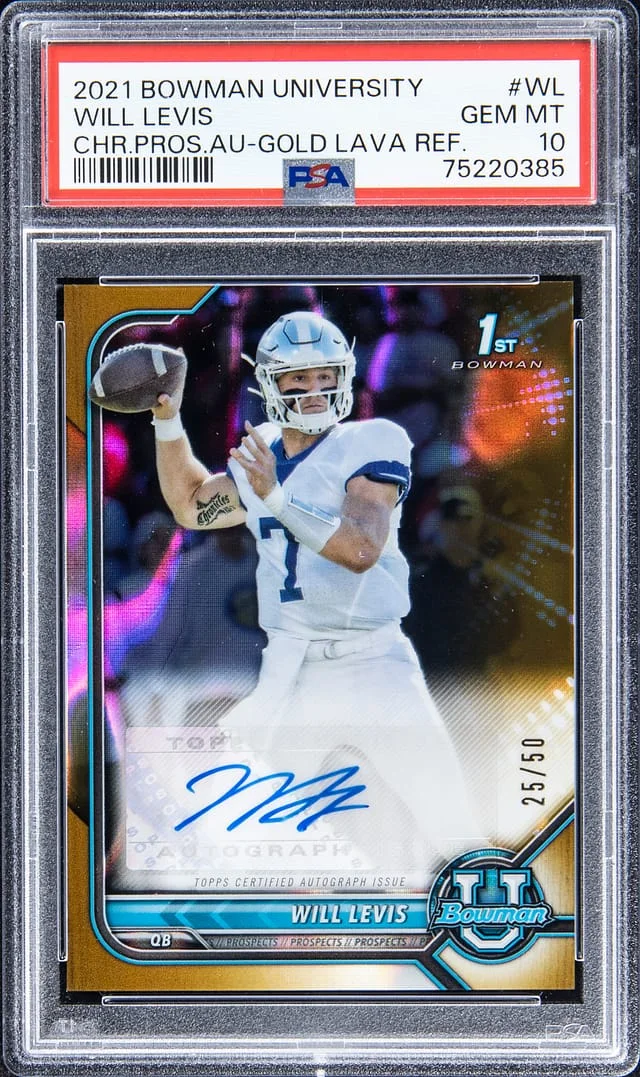 2021 Bowman University Chrome Will Levis Prospects Autograph Gold Lava Refractor #BCPA-WL card image
