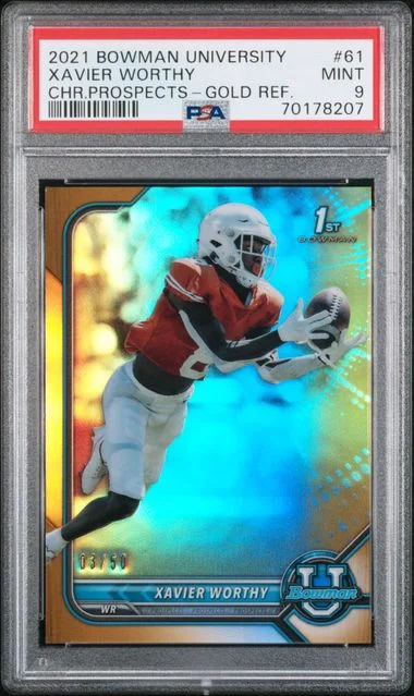 2021 Bowman University Chrome Xavier Worthy Prospects Gold Refractor #61 card image