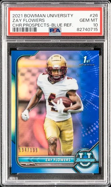 2021 Bowman University Chrome Zay Flowers Prospects Blue Refractor #26 card image