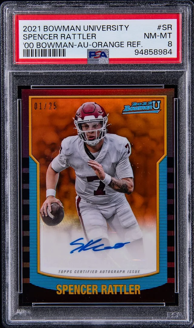 2021 Bowman University Spencer Rattler 00 Bowman Autograph Orange Refractor #SR card image