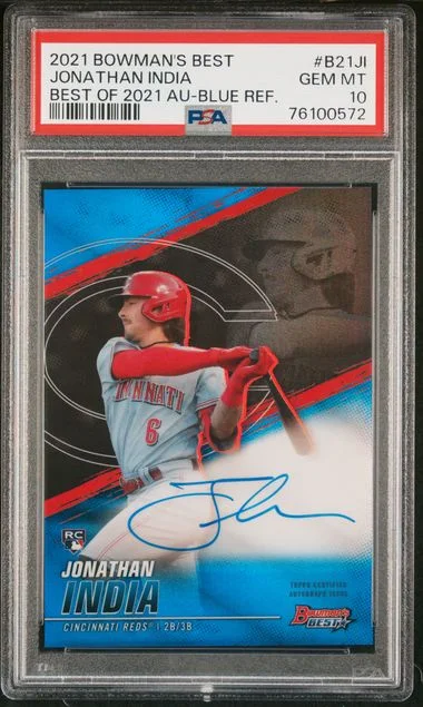 2021 Bowman's Best Jonathan India Best Of 2021 Autographs Blue Refractor #B21JI card image
