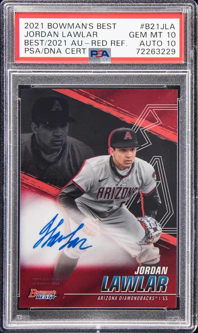 2021 Bowman's Best Jordan Lawlar Best of 2021 Autograph Red Refractor #B21-JLA card image