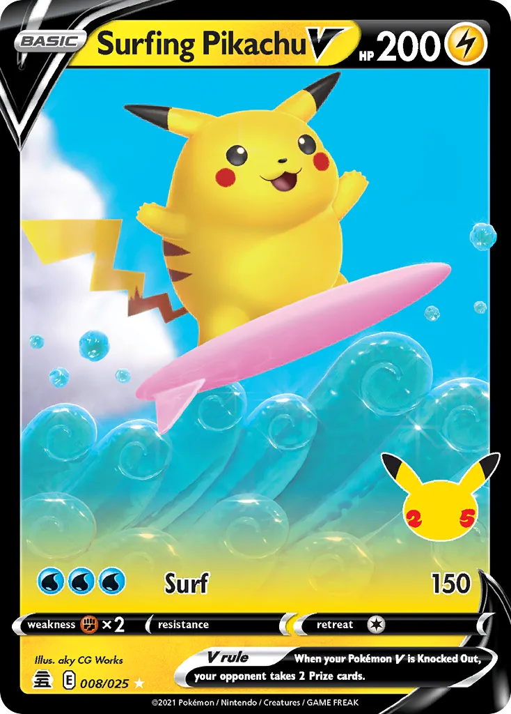 2021 Celebrations Surfing Pikachu V Rare Holo V #08/25 Rare Holo V card image