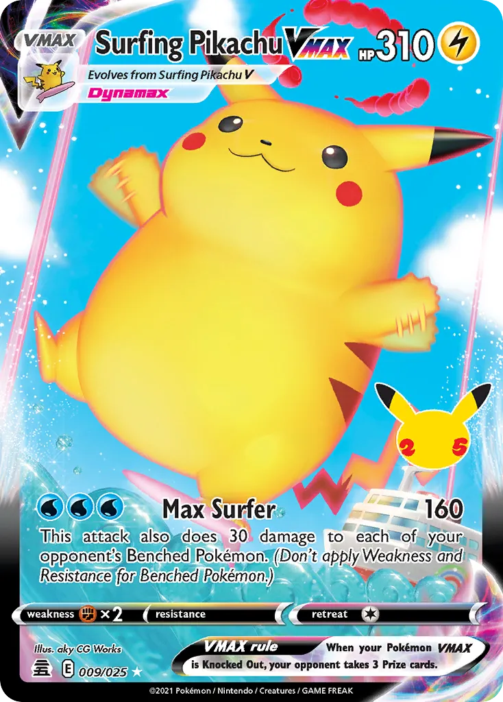 2021 Celebrations Surfing Pikachu VMAX Rare Holo VMAX #09/25 Rare Holo VMAX card image