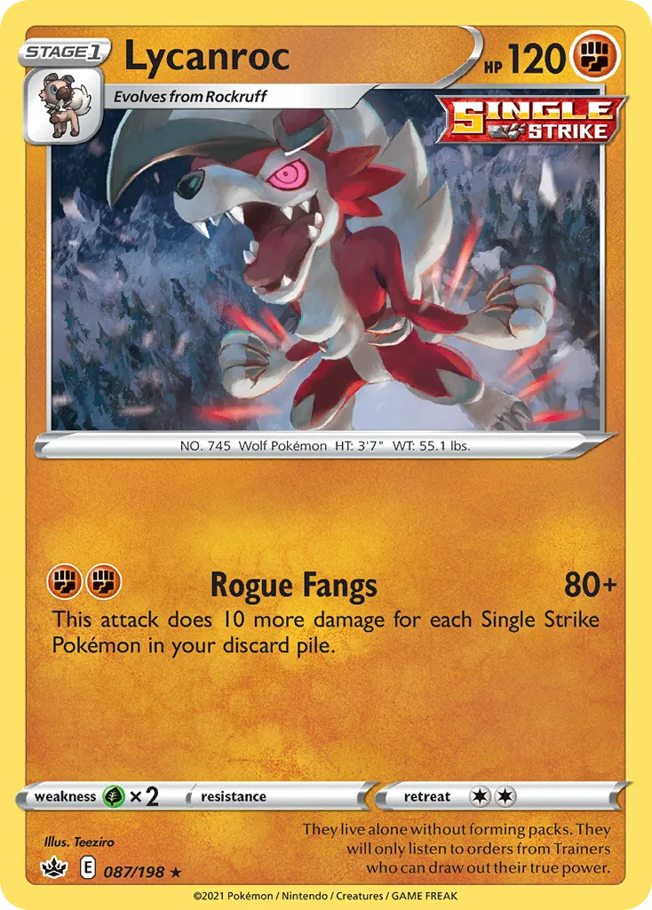 2021 Chilling Reign Lycanroc #087/198 Rare Holo card image