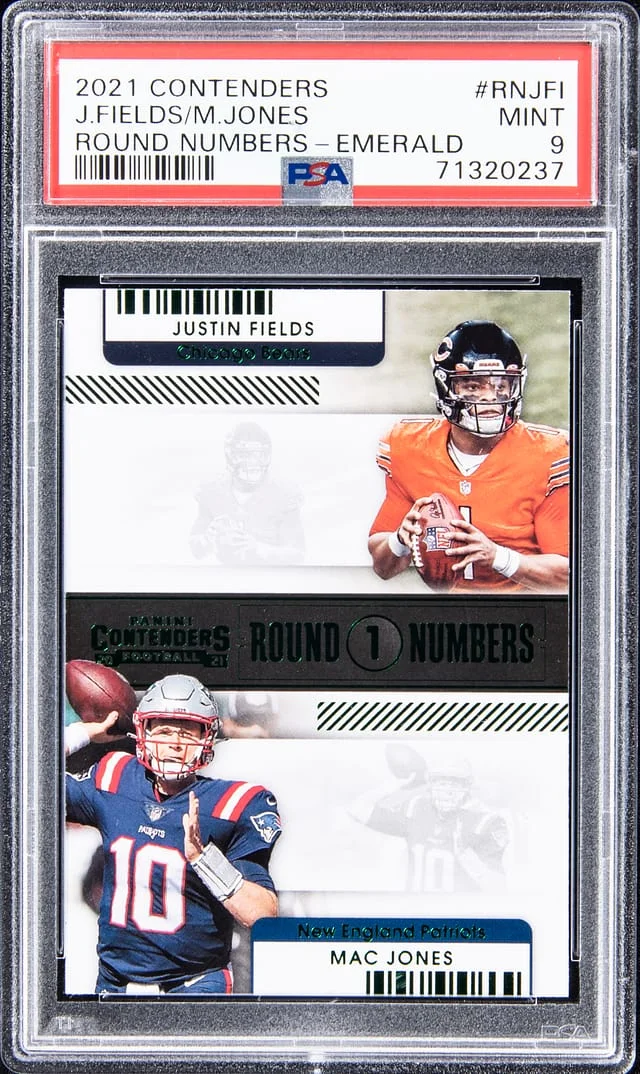 2021 Contenders Mac Jones/Justin Fields Round Numbers Emerald #RN-JFI card image