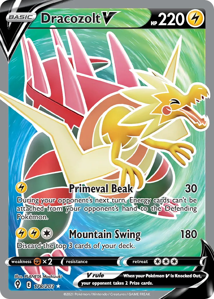 2021 Evolving Skies Dracozolt V #058/203 Rare Holo V card image