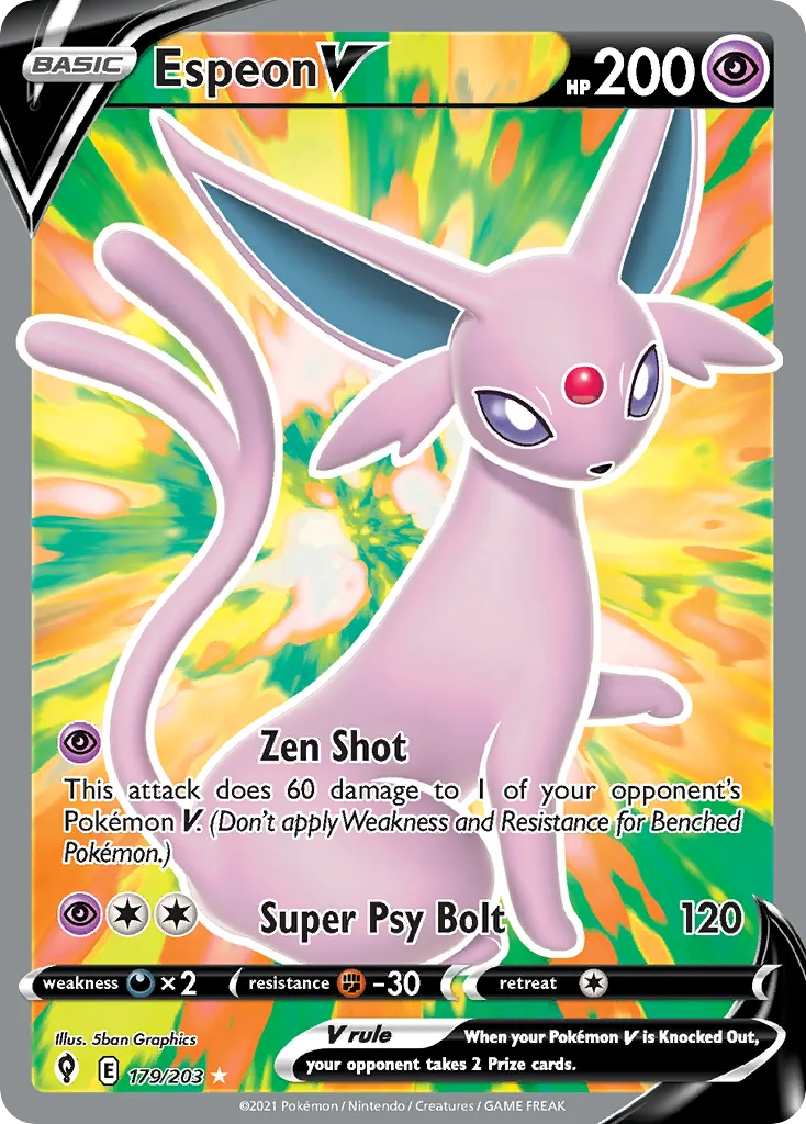 2021 Evolving Skies Espeon V #179/203 Rare Ultra card image
