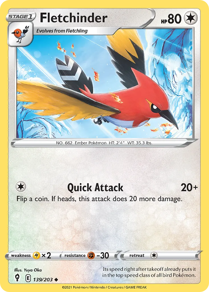 2021 Evolving Skies Fletchinder Uncommon #139/203 Uncommon card image