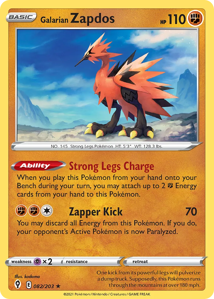 2021 Evolving Skies Galarian Zapdos #082/203 Rare Holo card image