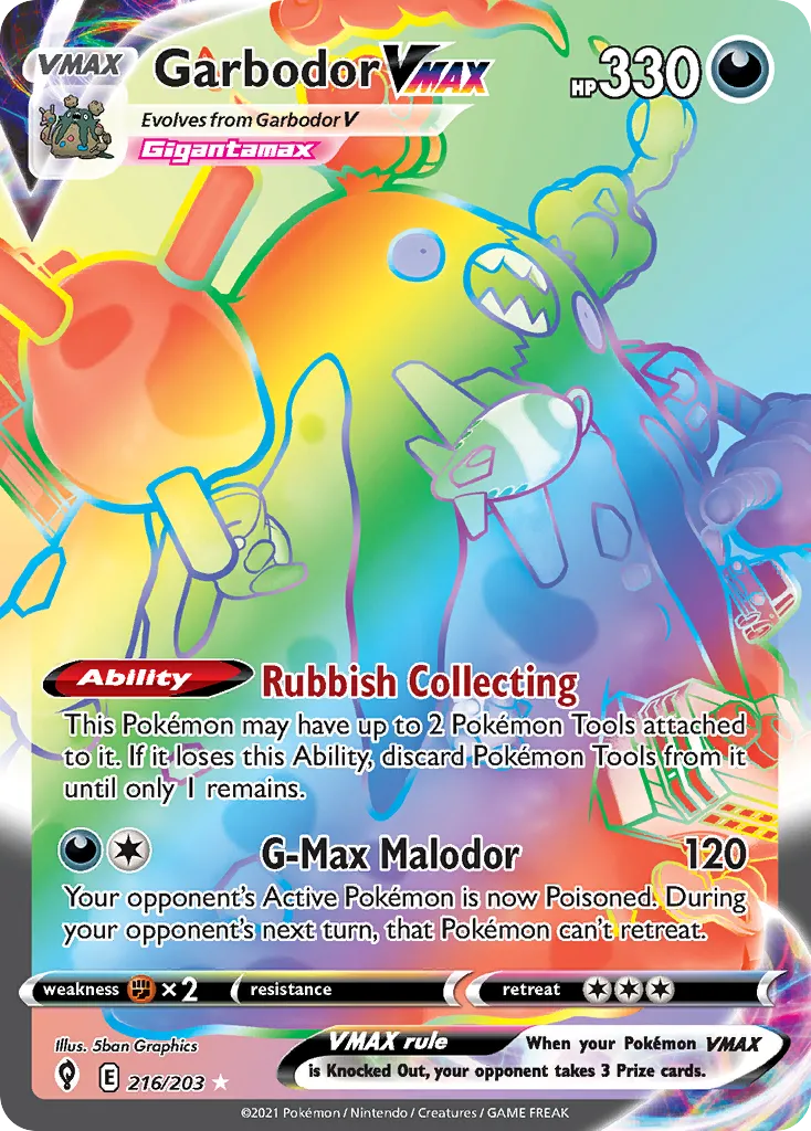 2021 Evolving Skies Garbodor VMAX #216/203 Rare Rainbow card image