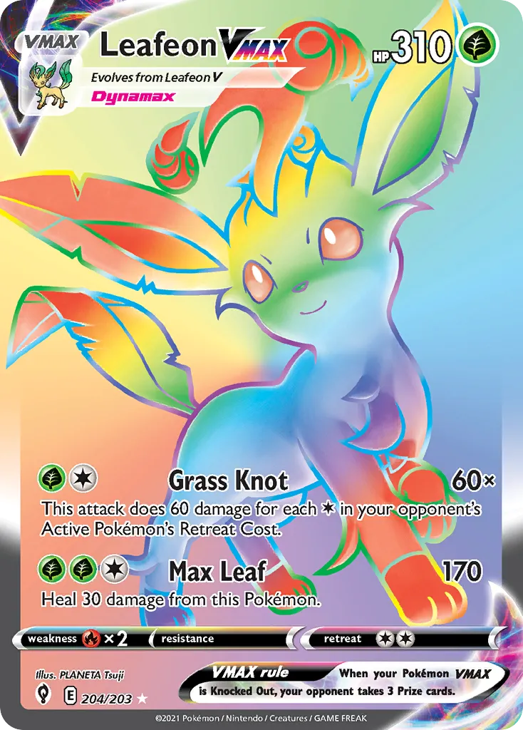 2021 Evolving Skies Leafeon VMAX #008/203 Rare Holo VMAX card image