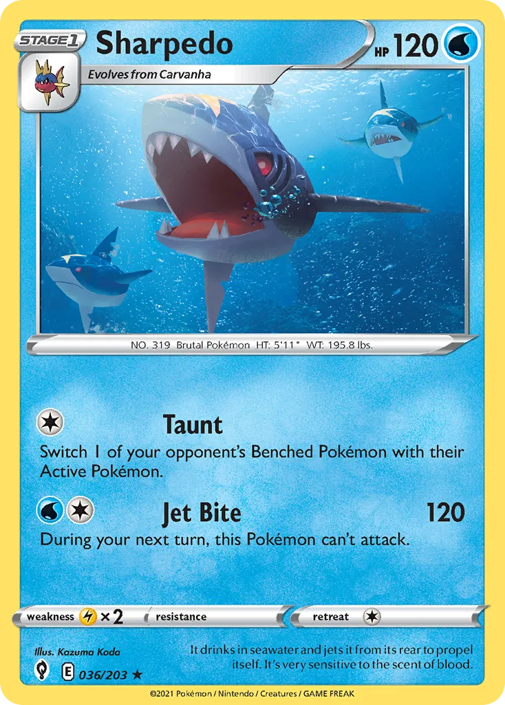 2021 Evolving Skies Sharpedo Rare #036/203 Rare card image
