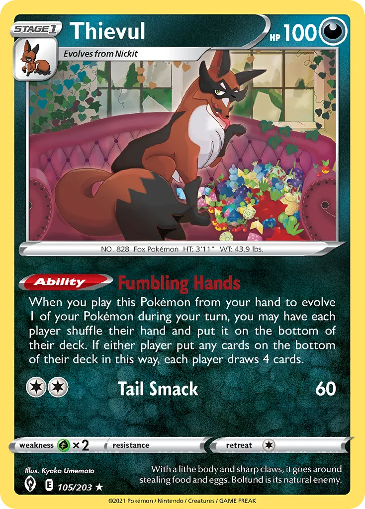 2021 Evolving Skies Thievul Rare #105/203 Rare card image