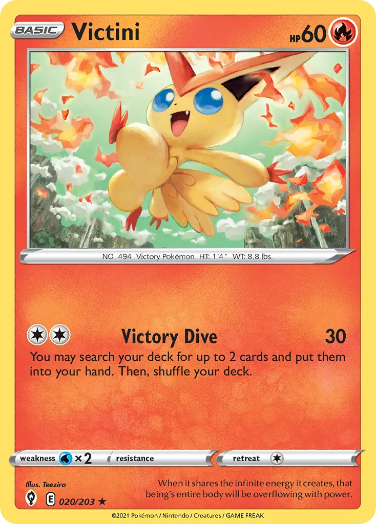 2021 Evolving Skies Victini #020/203 Rare Holo card image