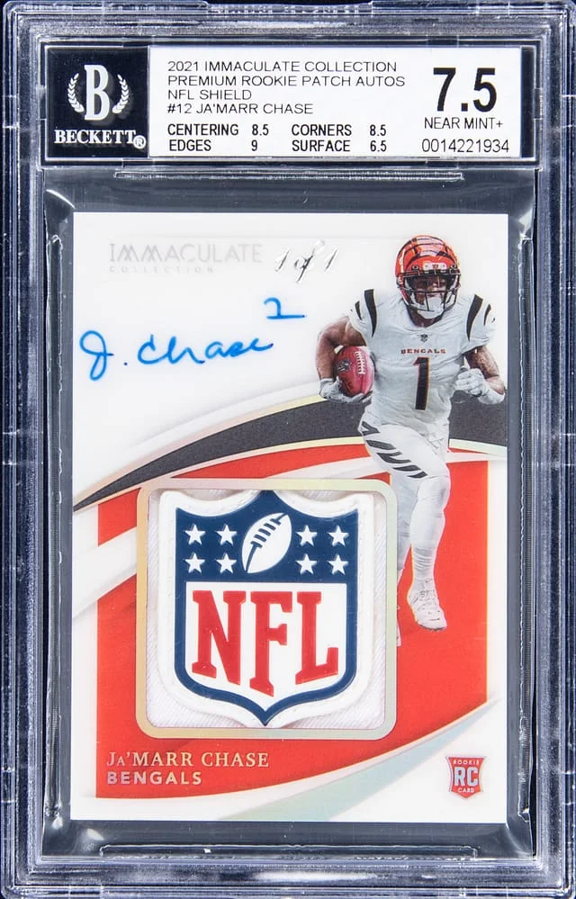 2021 Immaculate Ja'Marr Chase Collection Premium Patch Autographs (RPA) NFL Shield #PPA-JC card image