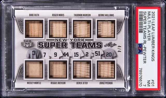 2021 Leaf Babe Ruth/Roger Maris/Thurman Munson/Bernie Williams/Mickey Mantle/Reggie Jackson/Derek Jeter/Jorge Posada Lumber Kings Super Teams Relic Pewter #ST-01 card image
