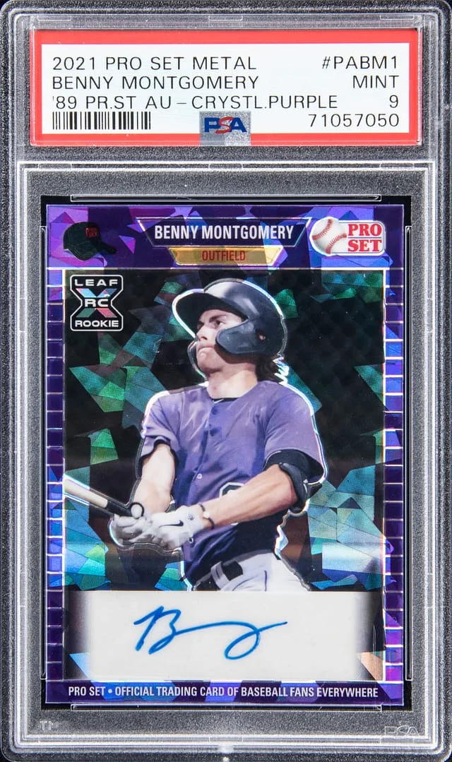 2021 Leaf Benny Montgomery Pro Set Metal 1989 Pro Set Tribute Autograph Purple Crystals #PA-BM1 card image