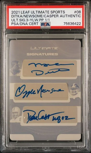 2021 Leaf Dave Casper/Mike Ditka/Ozzie Newsome Ultimate Sports Multi-Sport Ultimate Signatures 3 Yellow Printing Plate 1/1 #06 card image