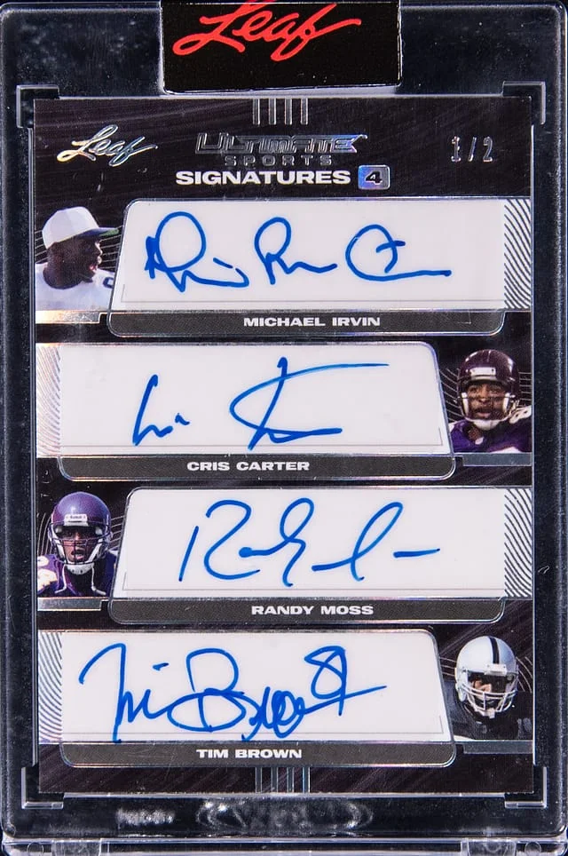 2021 Leaf Irvin/Carter/Moss/Brown Multi-Signed Card - Leaf Encased Ultimate Sports Ultimate Signatures 4 Silver Spectrum Holofoil #US4-04 card image