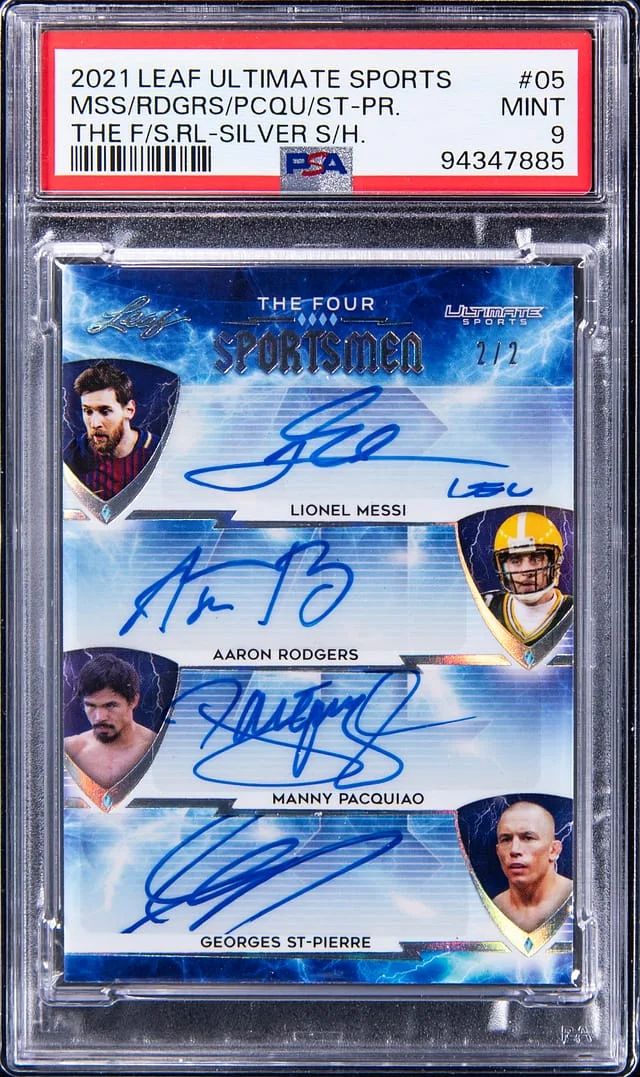 2021 Leaf Lionel Messi/Aaron Rodgers/Manny Pacquiao/Georges St-Pierre Quad-Signed Ultimate Sports The Four Sportsmen Silver #05 card image