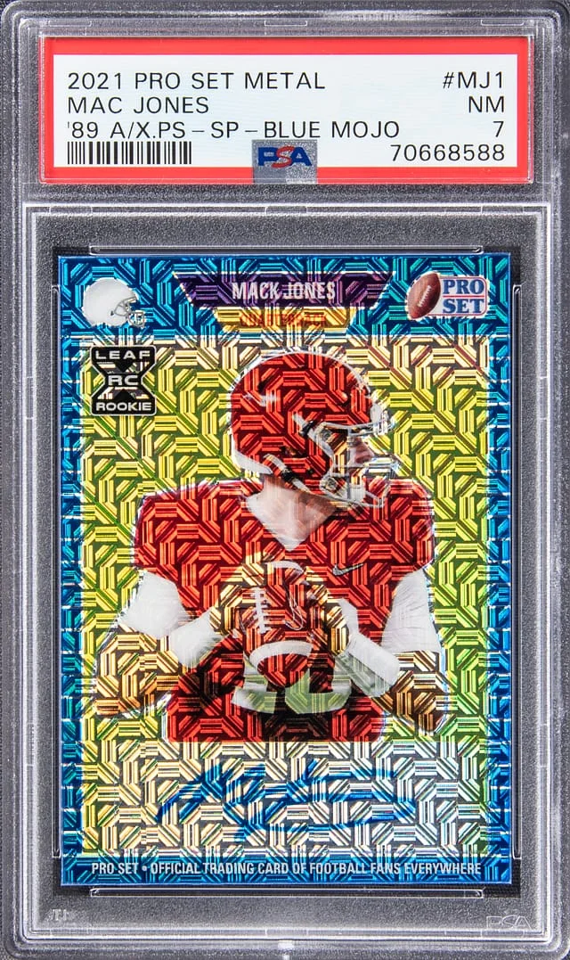 2021 Leaf Mac Jones Pro Set Metal 1989 Autographs XRC Pro Set Prospect Blue Mojo #PA-MJ1 card image
