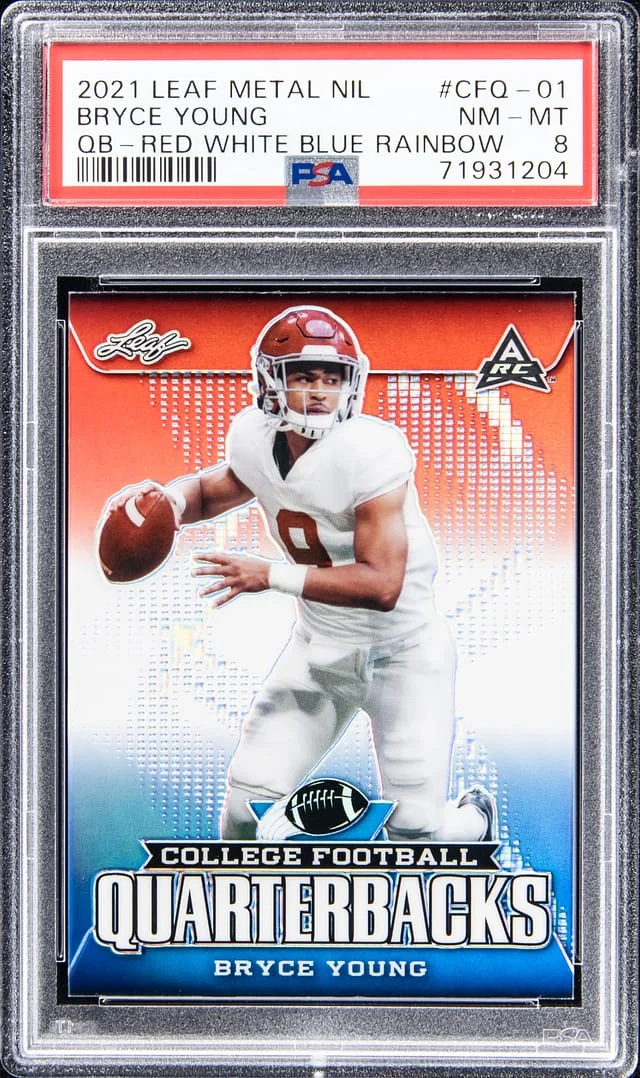2021 Leaf Metal Bryce Young NIL Quarterbacks Red White and Blue Rainbow #CFQ-01 card image
