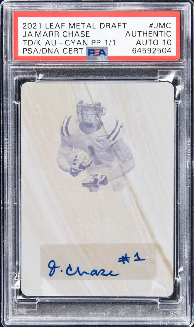 2021 Leaf Metal Ja'Marr Chase Draft Touchdown Kings Autographs Cyan Printing Plate #JMC card image