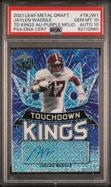 2021 Leaf Metal Jaylen Waddle Draft Touchdown Kings Autographs Purple Mojo #TK-JW1 card image