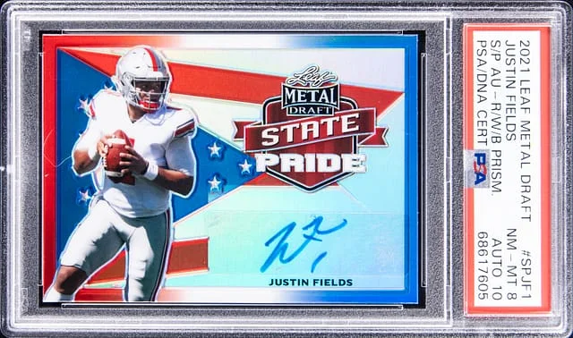 2021 Leaf Metal Justin Fields Draft State Pride Autographed Red/White/Blue Prism #SP-JF1 card image