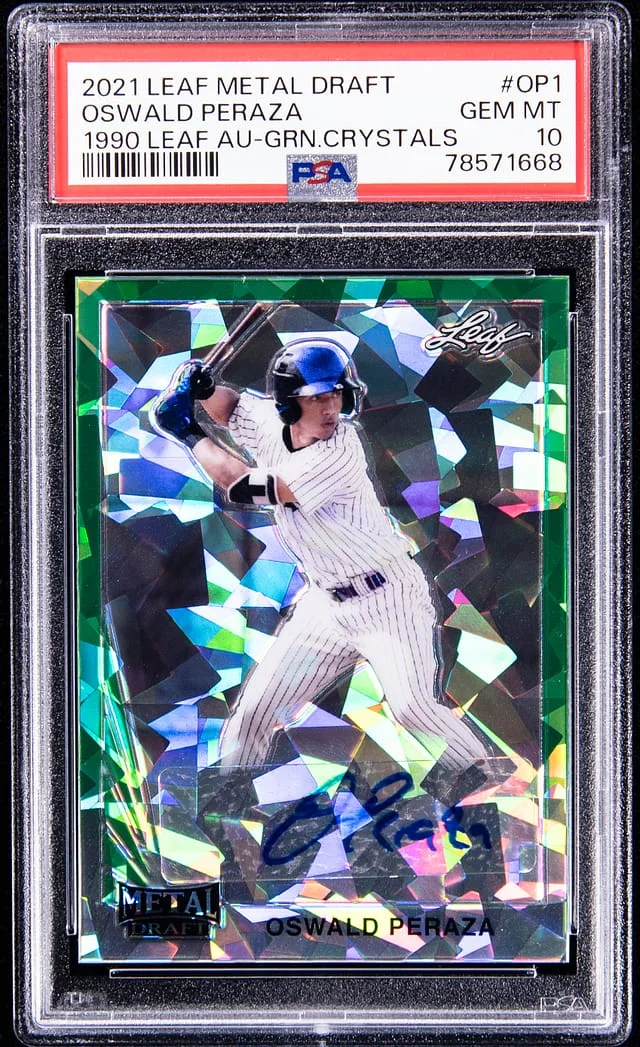 2021 Leaf Metal Oswald Peraza Draft 1990 Leaf Autograph Green Crystals #OP1 card image