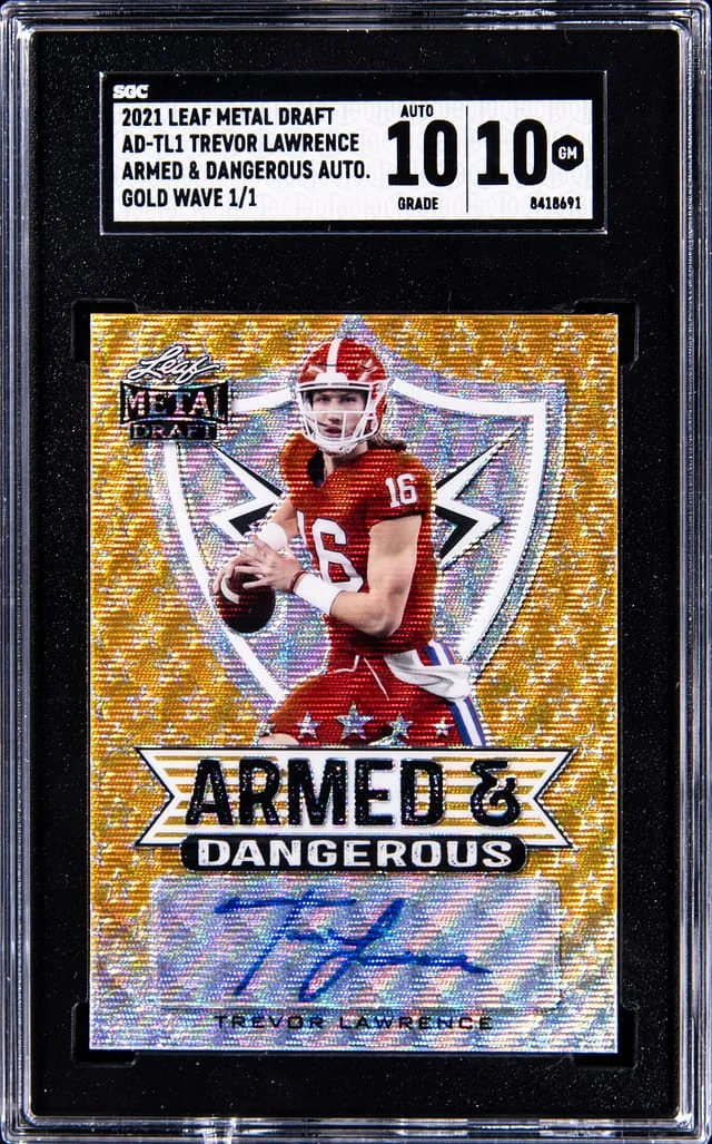 2021 Leaf Metal Trevor Lawrence Draft Armed & Dangerous Autograph Gold Wave #AD-TL1 card image